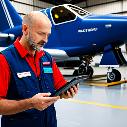 A professional aviation mechanic, fully clothed in a modest, dark blue work jumpsuit and safety vest, stands confidently in a well-lit hangar. In the background, a large commercial aircraft's engine cowling is partially visible, representing traditional aviation. In the foreground, on a clean workbench, a sophisticated drone is meticulously laid out for inspection. The mechanic holds a specialized diagnostic tablet in one hand, while the other hand rests near a set of traditional and modern tools. The scene highlights the evolution of maintenance, blending classic aerospace with cutting-edge drone technology. Perfect anatomy, correct proportions, natural pose, well-formed hands, proper finger count, professional dress, appropriate content, safe for work, high quality professional photography, ultra-realistic.