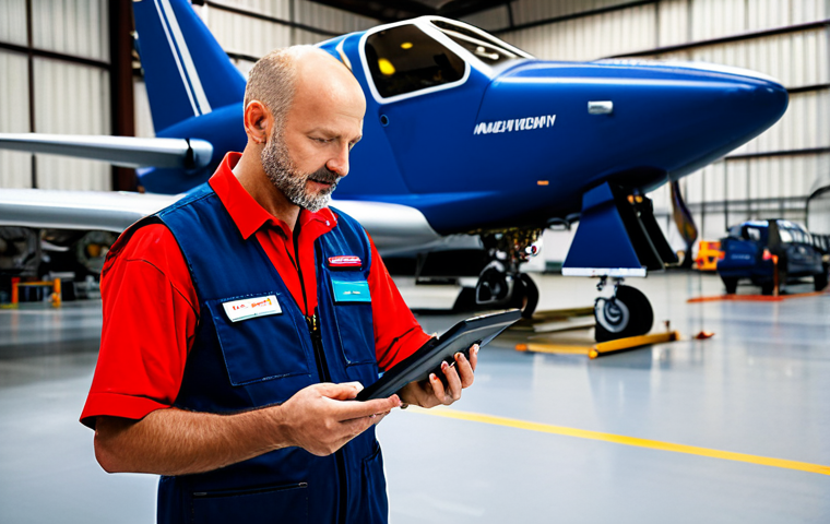 A professional aviation mechanic, fully clothed in a modest, dark blue work jumpsuit and safety vest, stands confidently in a well-lit hangar. In the background, a large commercial aircraft's engine cowling is partially visible, representing traditional aviation. In the foreground, on a clean workbench, a sophisticated drone is meticulously laid out for inspection. The mechanic holds a specialized diagnostic tablet in one hand, while the other hand rests near a set of traditional and modern tools. The scene highlights the evolution of maintenance, blending classic aerospace with cutting-edge drone technology. Perfect anatomy, correct proportions, natural pose, well-formed hands, proper finger count, professional dress, appropriate content, safe for work, high quality professional photography, ultra-realistic.