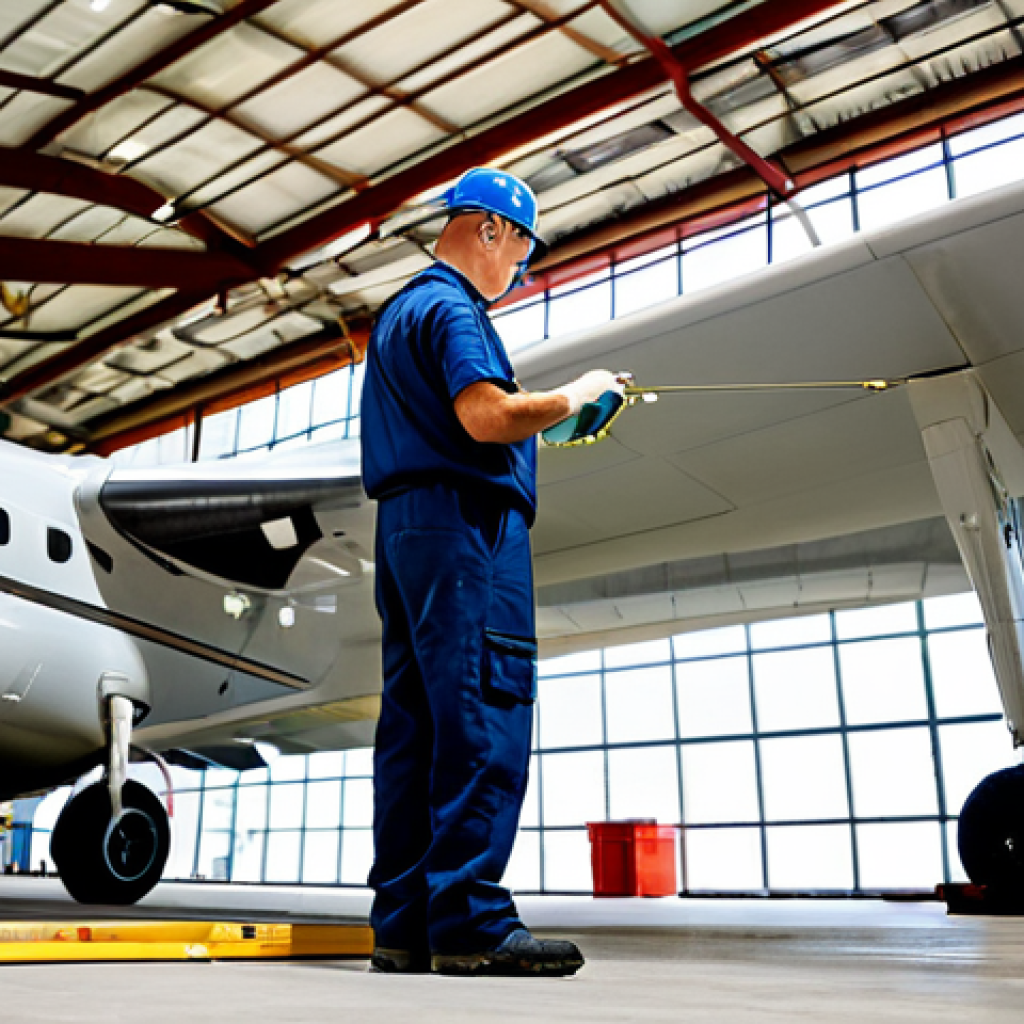 Aircraft Maintenance Inspection**

"A professional aircraft maintenance engineer in appropriate attire, performing a detailed inspection of an airplane wing in a well-lit hangar. He is using inspection tools. Perfect anatomy, correct proportions, natural pose, well-formed hands, proper finger count. Safe for work, appropriate content, fully clothed, professional, high quality, aviation safety."

**