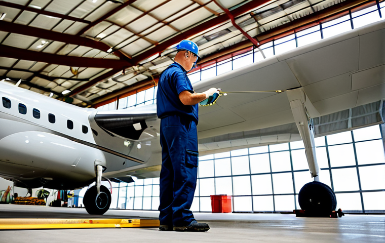 Aircraft Maintenance Inspection**
"A professional aircraft maintenance engineer in appropriate attire, performing a detailed inspection of an airplane wing in a well-lit hangar. He is using inspection tools. Perfect anatomy, correct proportions, natural pose, well-formed hands, proper finger count. Safe for work, appropriate content, fully clothed, professional, high quality, aviation safety."
**