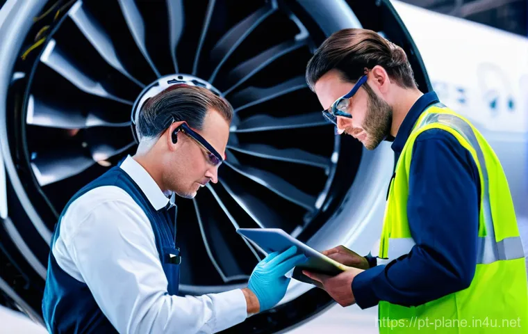 항공정비사와 군용 항공기 정비 - **Prompt**: A diverse team of professional aircraft maintenance technicians, including men and women...