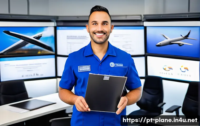 항공정비사 실무 중 자주 묻는 질문 - **Prompt:** A focused and professional aircraft maintenance technician, wearing a clean, dark blue u...