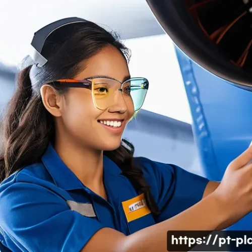 항공정비사와 외국어 능력 - **Prompt:** "A young, smiling female aircraft maintenance technician in her early 20s, wearing a cle...