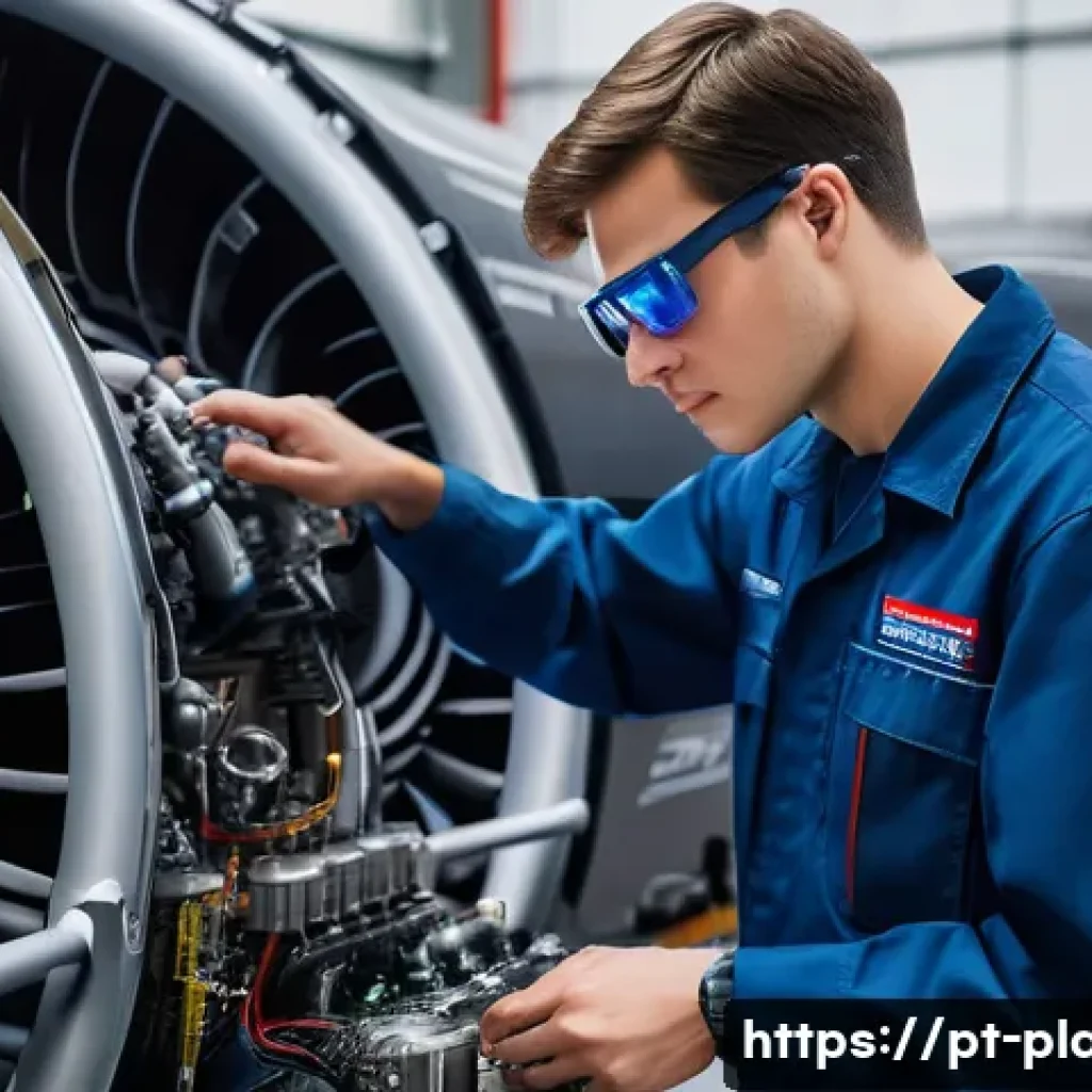 항공정비사와 신기술 교육 - **Prompt:** "A focused aviation mechanic, wearing a clean, dark blue jumpsuit over a t-shirt and stu...