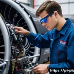 항공정비사와 신기술 교육 - **Prompt:** "A focused aviation mechanic, wearing a clean, dark blue jumpsuit over a t-shirt and stu...