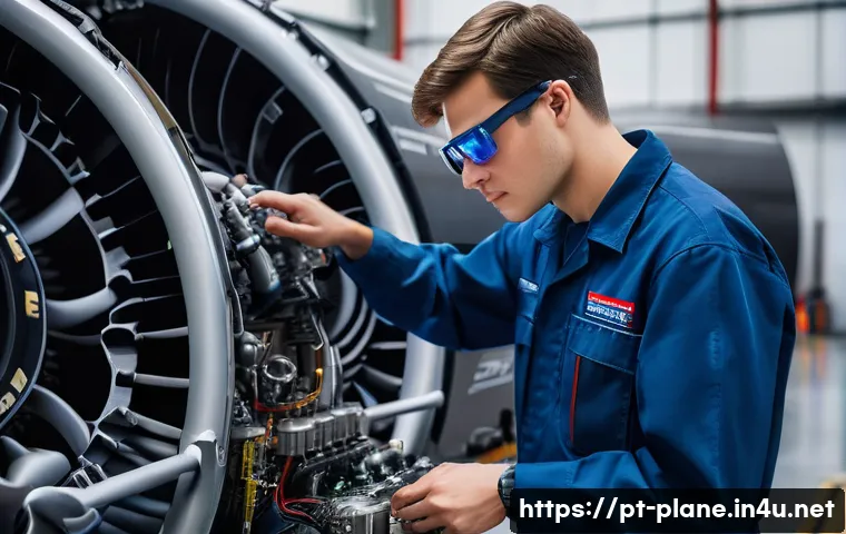 항공정비사와 신기술 교육 - **Prompt:** "A focused aviation mechanic, wearing a clean, dark blue jumpsuit over a t-shirt and stu...