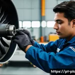 항공정비사 자격시험 응시 조건 - A detailed scene inside a certified aircraft maintenance workshop in Brazil, showing a young adult m...