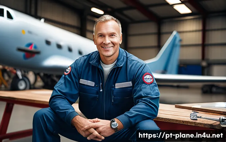 항공정비사의 멘탈 관리 방법 - A professional aircraft maintenance technician taking a short break in a clean, organized hangar wor...