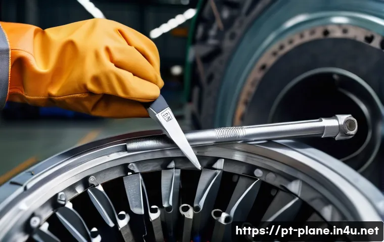 항공정비에서 자주 사용되는 도구 - A skilled aircraft maintenance technician carefully using a digital torque wrench on an airplane eng...