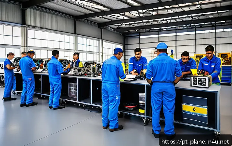 항공정비 자격증 시험 난이도 - A detailed scene inside a modern Brazilian aviation maintenance training center, showing a diverse g...