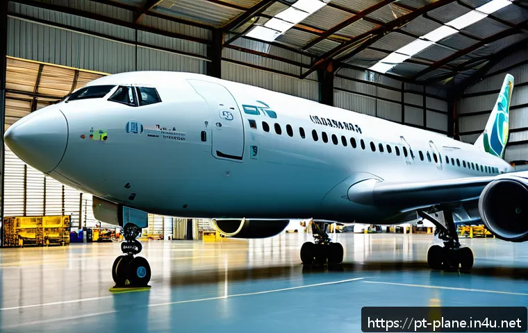 항공정비사와 항공사별 정비 프로세스 - A detailed scene inside a modern Brazilian aircraft maintenance hangar during daytime, showing a div...