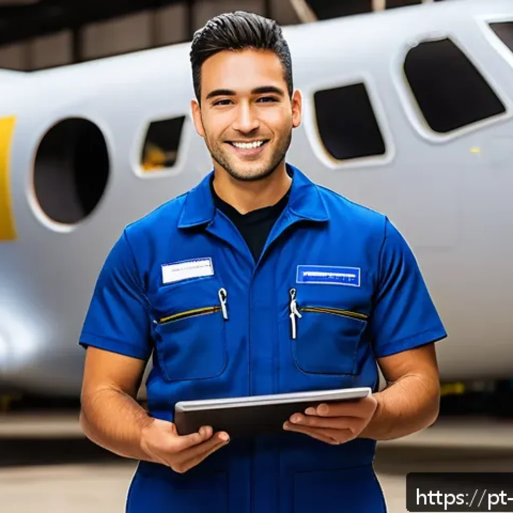 항공정비사의 글로벌 인증 과정 - A professional aircraft maintenance technician wearing a clean, well-fitted blue coverall uniform wi...