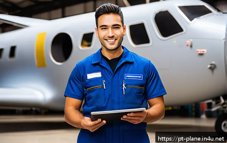 항공정비사의 글로벌 인증 과정 - A professional aircraft maintenance technician wearing a clean, well-fitted blue coverall uniform wi...